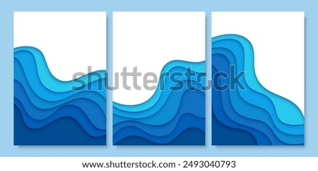 Blue water paper cut waves, sea and ocean ripple. 3d vector papercut empty banners or frames with wavy layers for environment or World Water day. Poster templates for Save the Oceans day 8th June