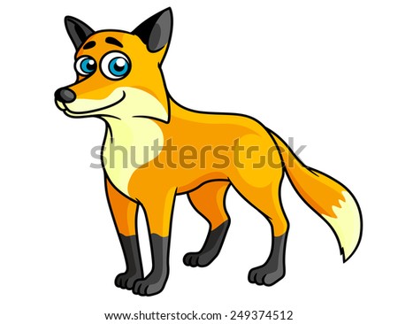 Smiling Colored Cartoon Fox With A Bushy Tail And Blue Eyes Standing ...