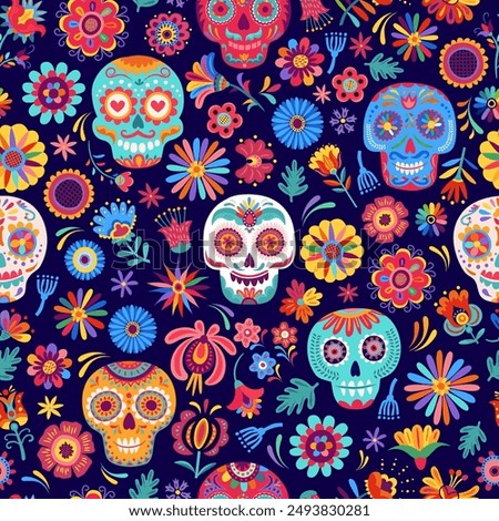 Catrin Mexican seamless pattern with calavera sugar skulls and tropical flowers. Day of the Dead holiday vector print or wrapping paper background, Dia de Los Muertos textile with ornate skulls