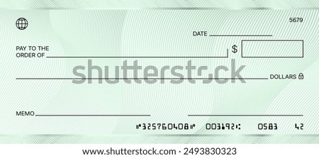 Blank green bank check. Checkbook cheque template. Vector document with spaces for the payee, date, dollar amount, memo, and signature. The bottom features the routing, account, and check numbers