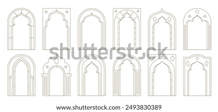 Muslim frames, Ramadan arabian boho arches with borders of vector line islam pattern of minimal art stars, Eid Mubarak lanterns and muslim arches. Aesthetic Ramadan boho door or window frames decor