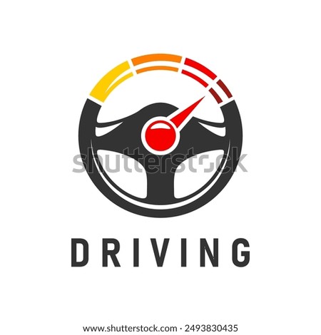 Drive steering wheel icon. Tech and safe drive, driving school and electric car symbol of control and navigation. Isolated vector emblem with car helm and speedometer arrow for automotive and driving