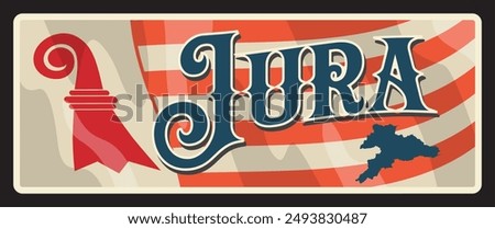 Switzerland Jura canton tin sign, travel plate. Switzerland region retro vector tin sign. European trip banner with canton flag and coat of arms symbol. Republic and Canton of Jura in northeast part