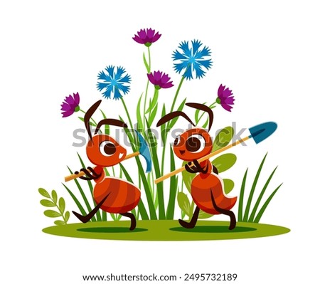 Cartoon ant builders with shovels. Vector children story scene with two playful ant characters with expressive faces, carrying spades for working together in a garden filled with flowers