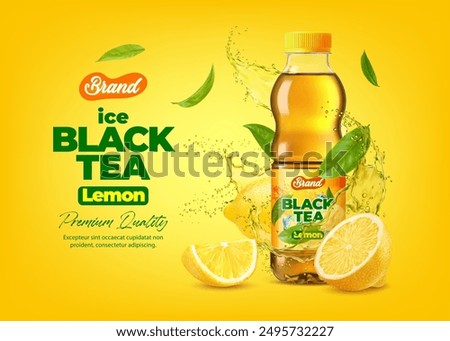 3d realistic black tea bottle with drink splash, green leaves and lemon slices. Vibrant ads for refreshing and natural beverage showcases a bottle of premium ice black tea with fresh citrusy flavor