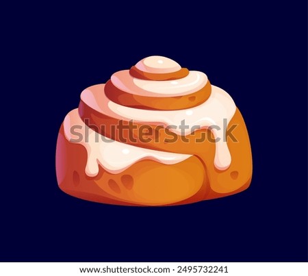 Cartoon cinnamon roll confectionery and sweet pastry made from a yeast-leavened dough, rolled up with a cinnamon-sugar filling, dripping over its golden brown spirals. Vector warm, gooey dessert treat