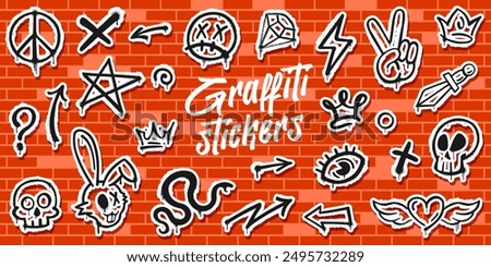 Stickers pack of grunge graffiti spray paints on brick wall background. Peace symbol, skull and crown, X or question marks, arrows, sad face with crossed-out eyes, diamond, lightning bolt and dagger