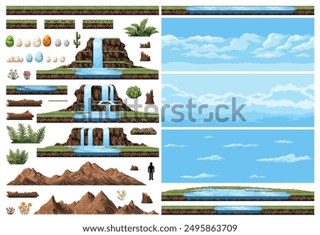 Dinosaur era environment pixel game asset. Waterfall cascade and mountains, lake and river, sky and flowers, fern, stumps and logs elements for creating prehistoric landscapes in retro video games