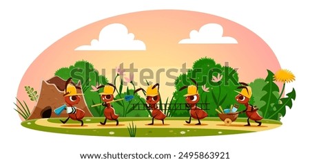 Cartoon ant builders characters near anthill. Team of ants wearing yellow construction helmets carrying building tools like shovels, ladders, and wheelbarrows in a summer garden, emphasizing teamwork