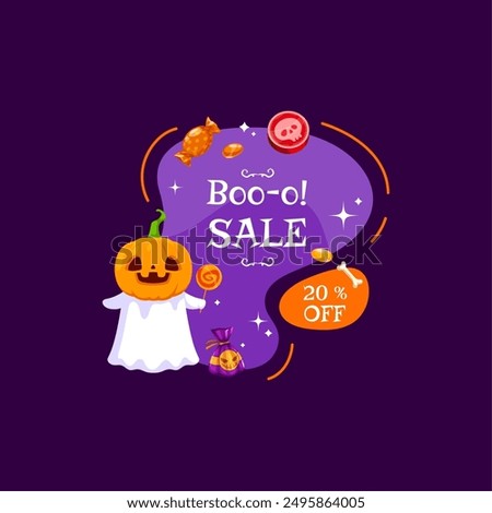 Halloween sale banner with holiday sweets and candy, kawaii ghost, amoeba blob and pumpkin. Isolated vector festive sale badge, or tag with cute adorable spook donning jack lantern mask and lollipop