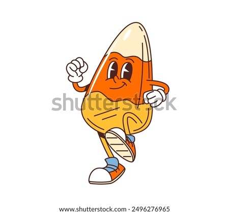 Cartoon groovy Halloween candy corn character with expressive eyes, gloves, and sneakers. Isolated vector lively, festive candy corn sweet personage is joyfully strutting, showcasing a cheerful smile