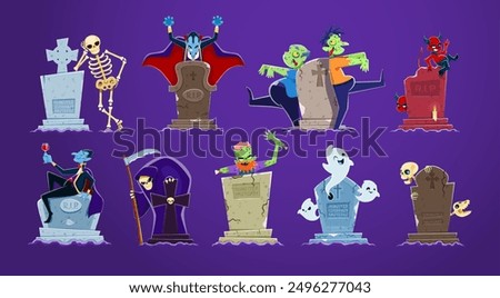 Cartoon Halloween scary characters near tombstones. Vector funny ghost, grim reaper with scythe, Dracula vampire and zombies, mummy and skeleton with devil or demon beside cemetery graves isolated set