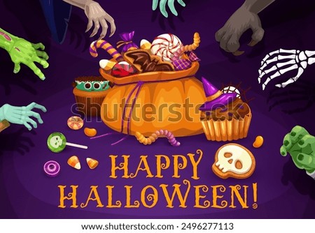 Halloween sweets bucket with candies and monster hands. Vector menacing banner with clawed arms, eagerly reach towards a bag with desserts, grasping a tempting sweets for a spooky and delightful treat