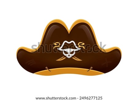 Cartoon pirate hat, corsair captain tricorn. Vector classic cap in chocolate brown with golden trim, skull and crossed sabers emblem, embodying the adventurous spirit of a filibuster on the high seas