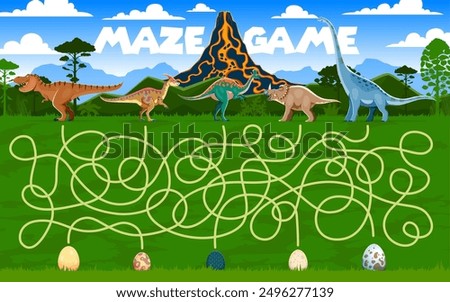 Kids labyrinth maze game, help to dinosaur mother find her kid egg. Vector worksheet with ancient dino mom reptiles search their children at tangled path with erupting volcano and Jurassic landscape