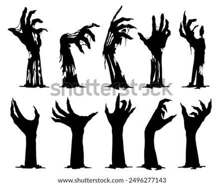 Halloween zombie hands silhouettes, vector horror holiday. Scary monsters arms reaching out from cemetery grave ground. Evil dead man, spooky graveyard ghost or demon black hands with creepy fingers