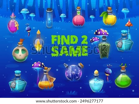 Find two same Halloween magic potion bottles kids game worksheet on fairytale forest vector background. Matching puzzle quiz of Halloween witch potion bottles, magician poison or alchemy elixir flasks