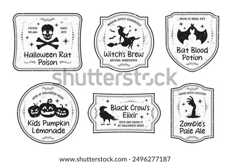 Halloween magic potion bottle labels, Isolated vector set of monochrome grunge badges for brew in retro style with a menacing skull and crossbones, witch on broom, raven, bat, pumpkins and zombie hand