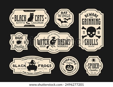 Halloween potion bottle labels for witch elixir and horror night holiday drinks, vector vintage paper tags. Halloween trick or treat party potion labels with skull crossbones, pumpkin and witch frog