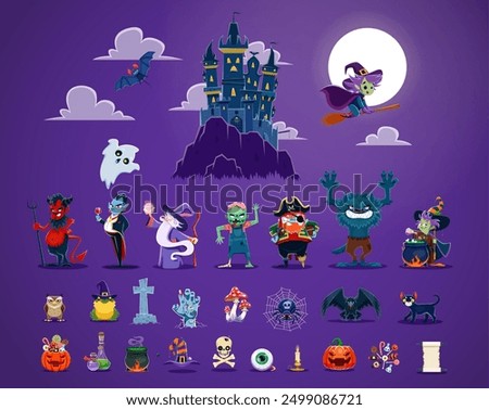 Halloween characters, cute cartoon monsters and spooky castle. Vector scary witch, ghosts, pumpkin, mummy and dracula vampire, Halloween horror zombie, devil, wizard, pirate and werewolf personages