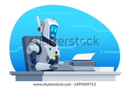 Robot writer, vector AI artificial intelligence. Cartoon modern humanoid robot or bot character typing text on vintage typewriter. Happy smiling AI bot book writer, text editor or journalist at work