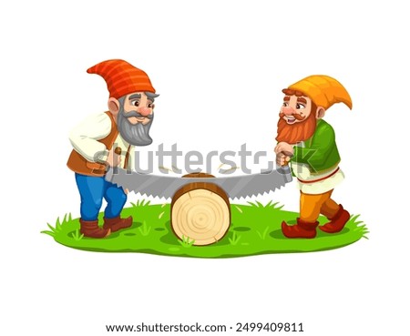 Cartoon gnome dwarf characters sawing a log with saw. Fairytale lumberjack or logger garden gnome vector personages. Cute fantasy dwarfs in magic hats sawing wood tree trunk, firewood harvesting scene