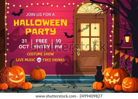 Halloween party flyer with decorated door porch. Vector invitation poster with black cat sitting on front of doorway, with shadow of zombie hand, ghosts and bats, holiday garlands and spooky pumpkins