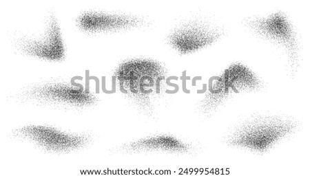 Grain paint spray noise or dust brush and black sand particles, vector abstract shape effects. Paint airbrush wavy sprays in graffiti ink style with grain noise texture of black dots and grainy dust