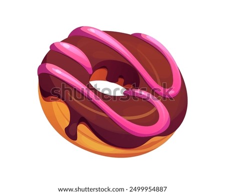 Cartoon donut, fast food treat. Isolated vector luscious chocolate doughnut drizzled with pink icing. Decadent bakery, confection or pastry combines rich cocoa flavor with a sweet, colorful topping