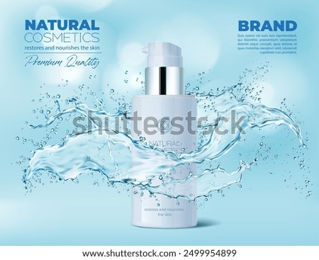 Moisture water cosmetics essence product bottle in swirl splash. Natural cosmetic tube and dynamic liquid splatters on blue background. Vector promo for refreshing and hydrating skincare production