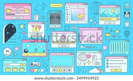 Y2K retro browser windows and internet pages in computer PC screen, cartoon vector background. Retro 90s Y2K computer UI interface display window, browser tab, loading bar and music media player icons