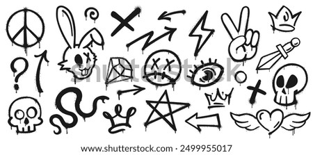 Grunge graffiti spray paints, ink icons. Vector set of black urban and street culture elements. Snake, skull, crown and rabbit head, lightning bolt, question mark and winged heart. Eye, diamond, cross