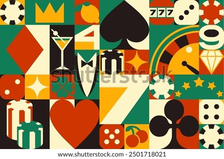 Casino abstract geometric pattern vector background. Casino poker game cards, slot machine and gambling sport online betting, roulette, chips and dice, abstract geometric composition retro pattern