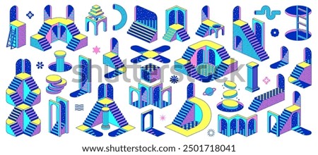 Psychedelic trippy y2k surreal elements and icons. Columns and shapes, stairs and podium, staircase and portal, planet and arch vector line stickers. Abstract psychedelic trippy architecture elements