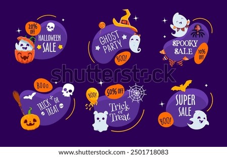 Halloween holiday kawaii ghosts characters on amoeba blobs. Isolated cartoon vector spooky promo sale badges, tags or banners for seasonal discount, festive clearance event and trick or trick party