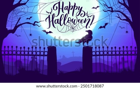 Halloween cemetery silhouette landscape with cobweb, bats and gravestones. Happy Halloween celebration vector background with flying at night bats, raven on cemetery fence, full moon and dry trees