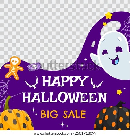 Halloween sale banner template with cute kawaii ghost and colorful pumpkins, holiday skeleton cookie and cobweb. Vector spooky discount card featuring a friendly spook hovering beside painted gourds