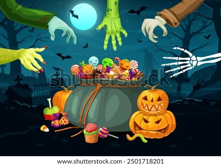 Halloween monster character hands and sweets bucket. Vector menacing scene with clawed arms, eagerly reaches towards a bag with desserts, ready to snatch treats with an air of mischievous delight