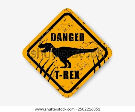 Dinosaur warning sign, claw scratch marks and vector silhouette of tyrannosaurus on grunge yellow diamond sign board. Dinosaur warning sticker, stay away or beware caution label with funny t-rex dino