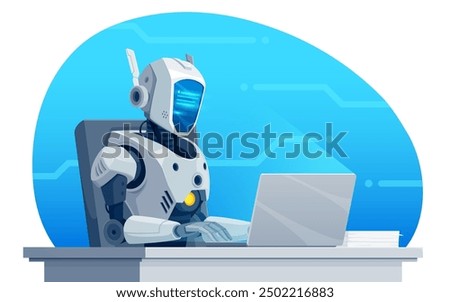 Robot writer or secretary cartoon character typing on laptop. Vector AI artificial intelligence robot or humanoid cyborg writer, secretary, editor, blog author and journalist working on computer