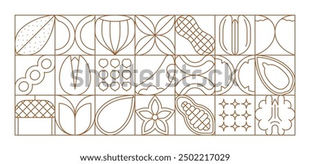 Nuts and beans modern geometric pattern with vector line almond, walnut, peanut and hazelnut. Abstract shapes background with outline chestnut, pecan and cashew, pistachio and acorn square tiles