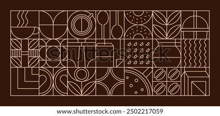 Coffee modern geometric pattern in mosaic line tiles, vector background. Coffee cup and moka pot with cappuccino and espresso, coffee beans and hot chocolate in geometric pattern on brown background