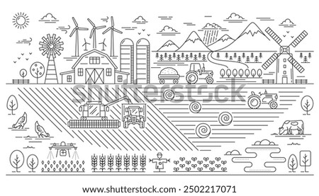 Line agriculture farm landscape, eco village plantation. Vector outline organic farm field with tractor harvesting crop plants, barn and windmill, vegetable garden and trees, road and wind turbines