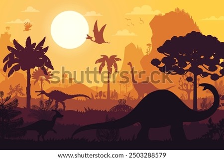 Prehistoric era dinosaurs silhouettes of Jurassic jungle forest with sunset, vector landscape background. Cartoon prehistoric dinosaurs, lizards and birds silhouettes in Jurassic era park with sun