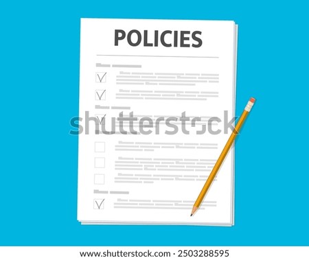 Compliance policy legal document with checklist of business company rules and standards. Vector paper document of compliance policy agreement, corporate guideline with check marks and pencil