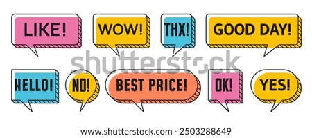 Memphis speech bubbles and chat message clouds with text, vector thin line art. Message bubble frames in Memphis style for Wow, Good Day and Hello, sale best price and Ok with Yes and No expressions