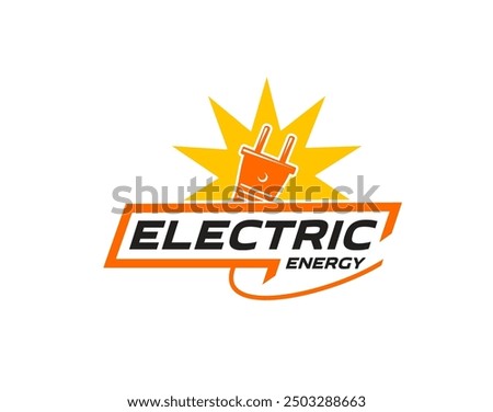 Electric energy icon of plug and power cable with electricity spark flash, vector emblem. Electric car charge station, energy provider service or power generation company sign of electric socket plug