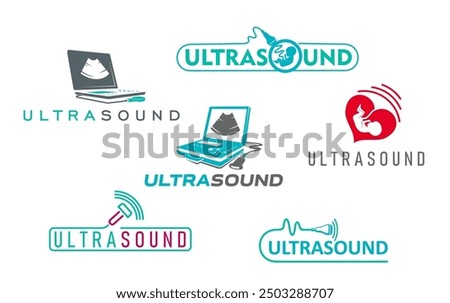 Ultrasound pregnancy icons, ultrasonography medical diagnostic symbols. Vector sonogram scan of pregnant woman, baby in womb, ultrasound or sonography machine transducer, screen and sound waves signs