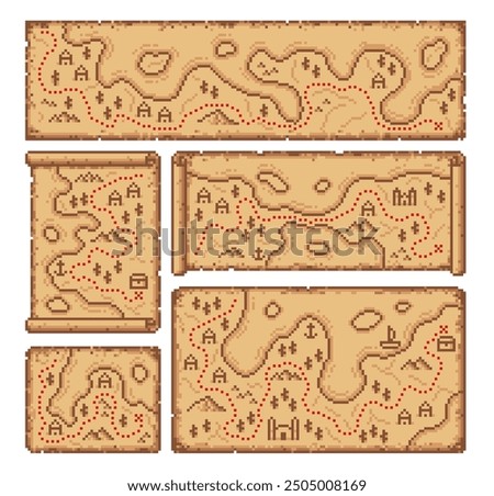 8 bit pixel pirate treasure map on ancient paper manuscript scroll, vector arcade game backgrounds. 8bit pixel art maps with pirate island and path to treasure chest in desert valley and sea