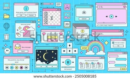 Y2K windows and retro browser pages of PC computer screen, cartoon vector background. Retro 90s Y2K computer interface windows of browser tab, loading or search bar and music player and folder icons